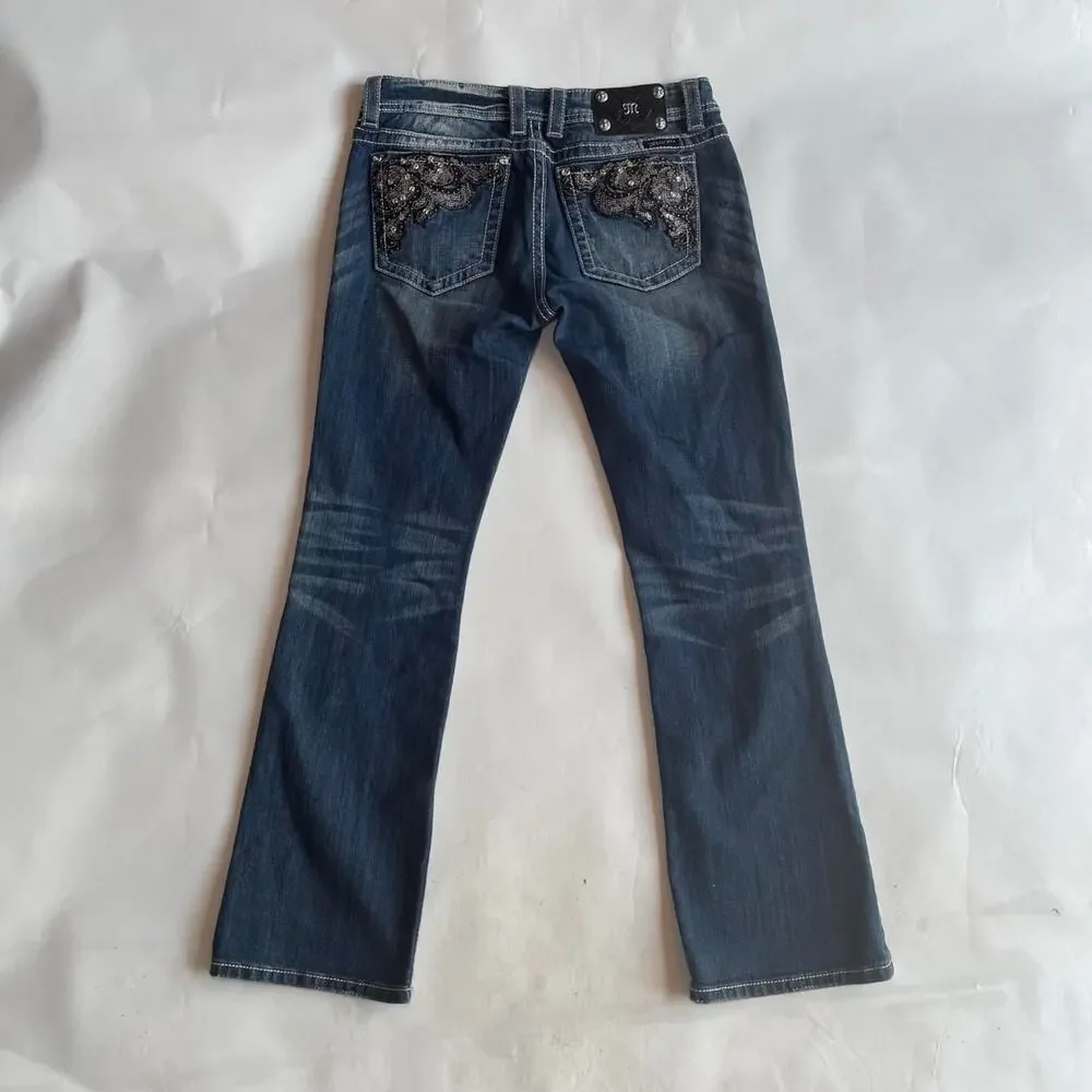 Vintage Miss Me Low Rise Bootcut Bedazzled Jeans Size 30 M Y2K Blue Denim